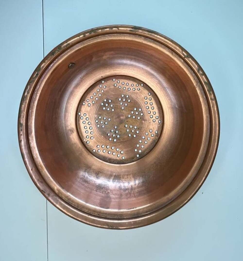 Vintage Copper Colander Strainer Bowl with Hanging Loop 10 Inches Diameter